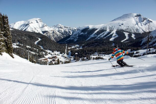 Skiing down a mountain at Banff Sunshine Village.