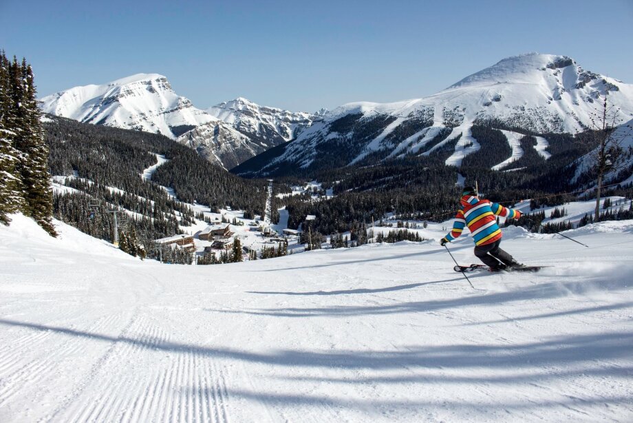 Skiing down a mountain at Banff Sunshine Village.