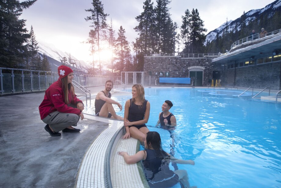 A group of visitor enjoying the hot springs in Banff