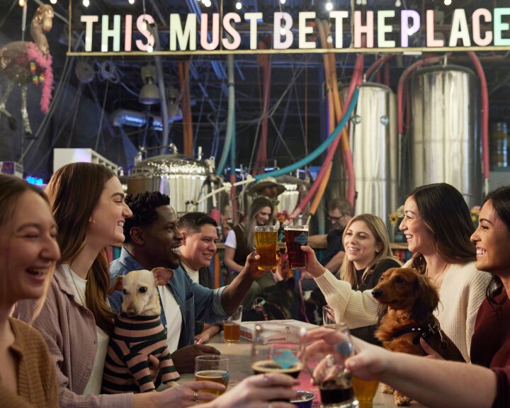 Group of friends cheers-ing beers at Cold Garden Brewery