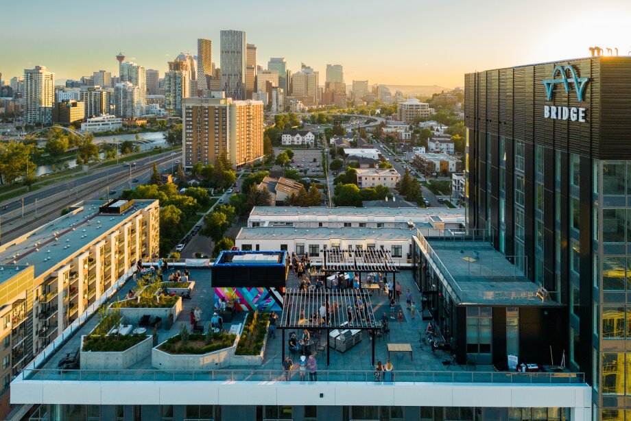 skyline view of the Bridgeland community with downtown Calgary in the background