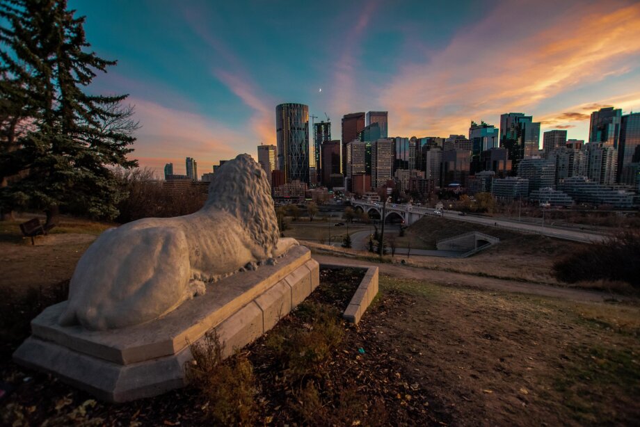 Centre Street Lion overlooking Calgary Skyline