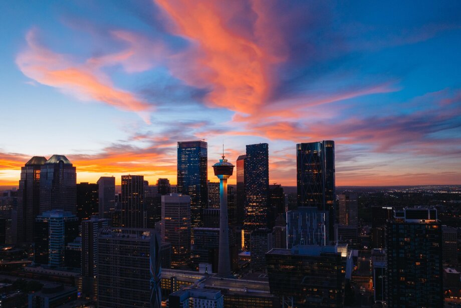 Skyline view of Calgary at sunset, from Scotman's Hill on a summer night.