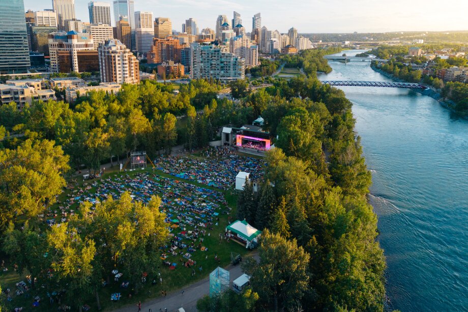 Aerial shot of Calgary Folk Music festival crowd and the bow river