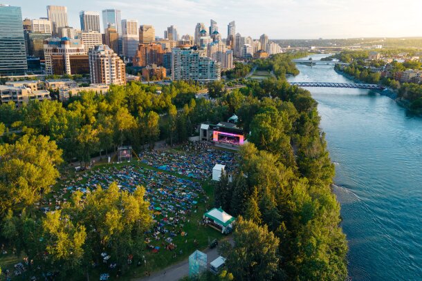 Aerial shot of Calgary Folk Music Festival in downtown