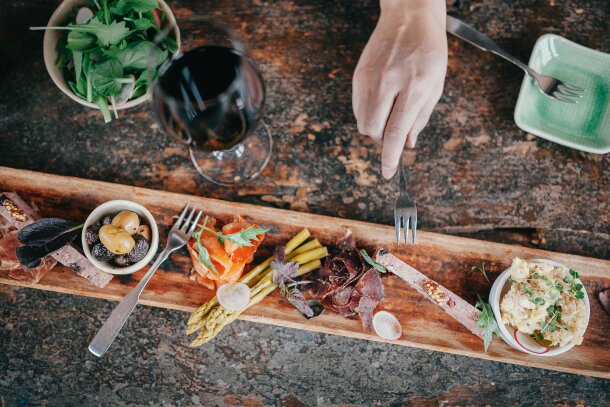 Close-up of food and wine at The River cafe in Calgary