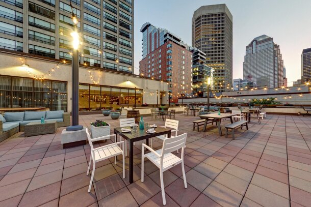 Empty downtown rooftop patio in the evening