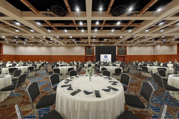 Reception ballroom set up with tables
