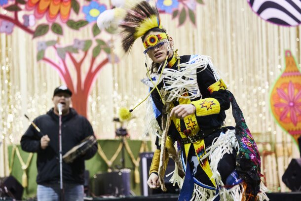 An Indigenous dancer performs during an event at the BMO Centre