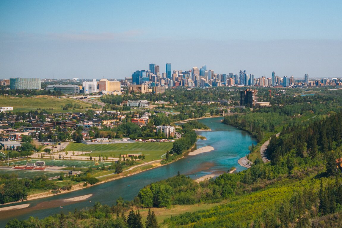 Aerial view of Calgary downtown skyline and Bow river