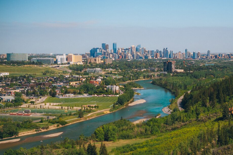 Aerial view of Calgary downtown skyline and Bow river