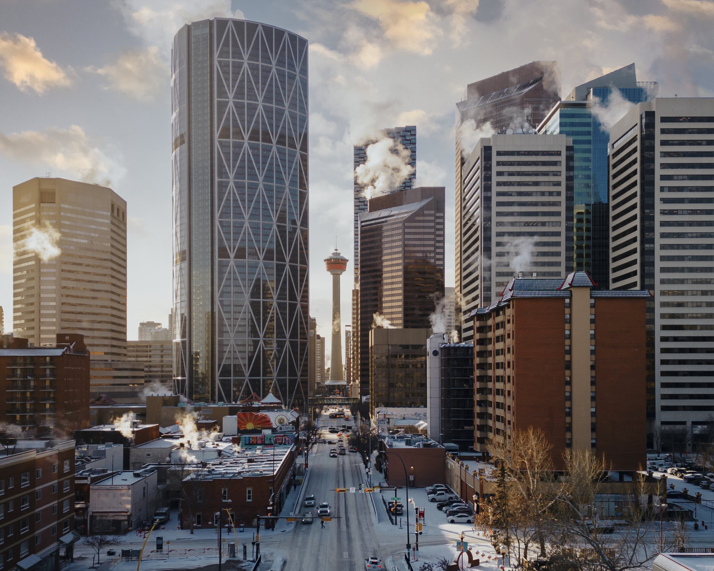 Calgary City centre with Bow Building & Calgary Tower as seen from Centre street looking south