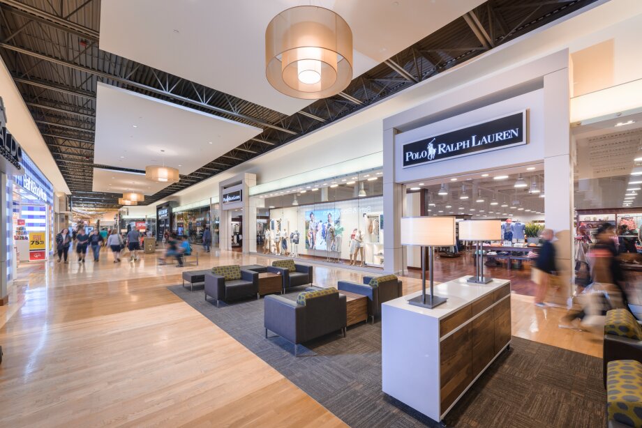 Inside of CrossIron Mills, showing the storefronts
